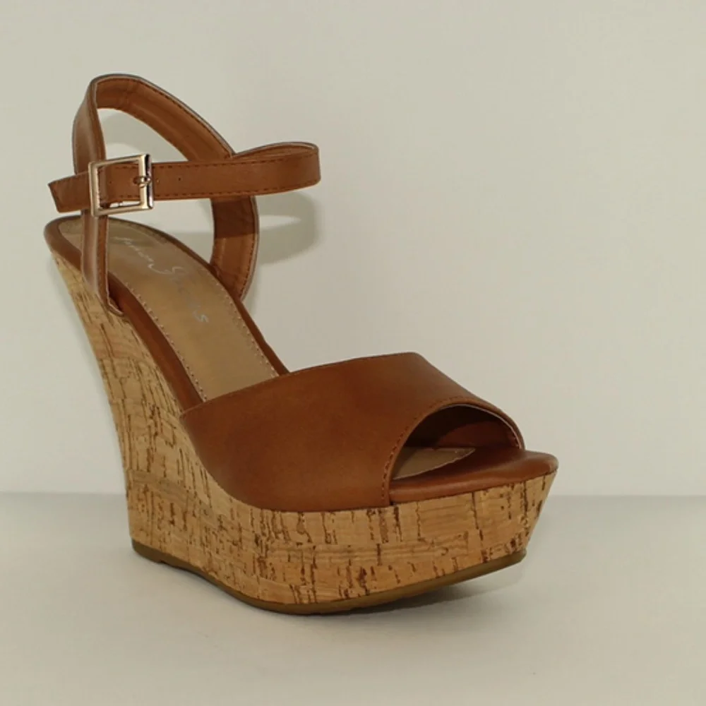 Brown Cork Wedge Sandals with Ankle Strap